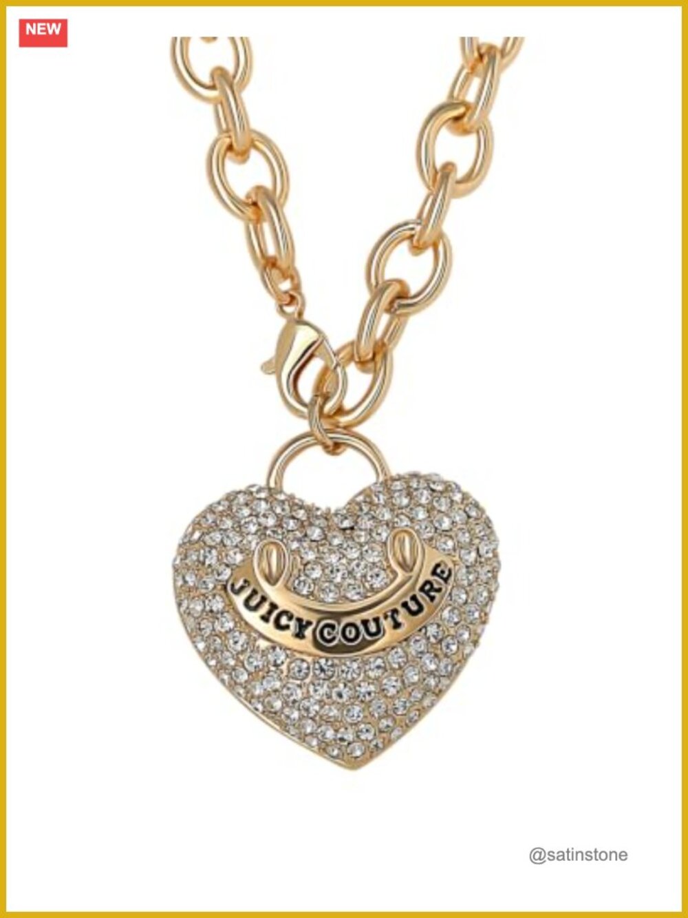 Chunky Puffy Heart Pendant Necklace 34" Gold-Tone Pave Crystal